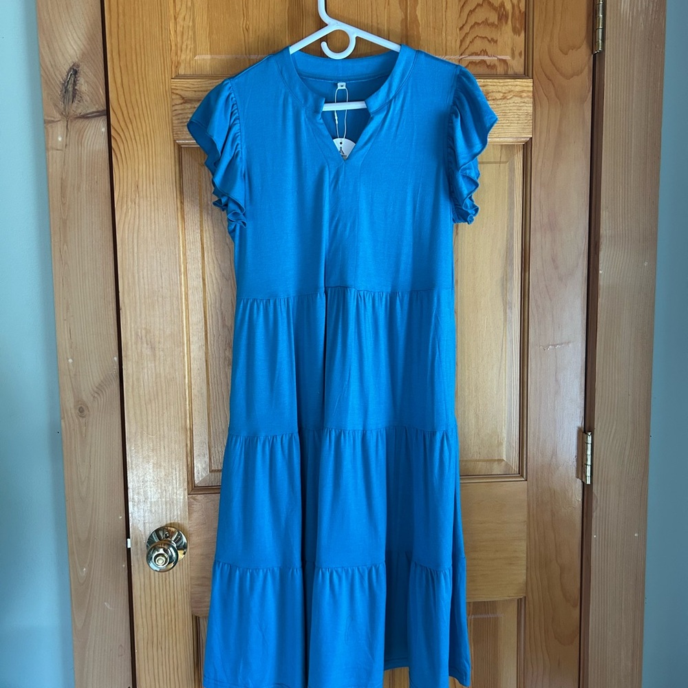 Blue Ruffle Sleeve Tiered Dress